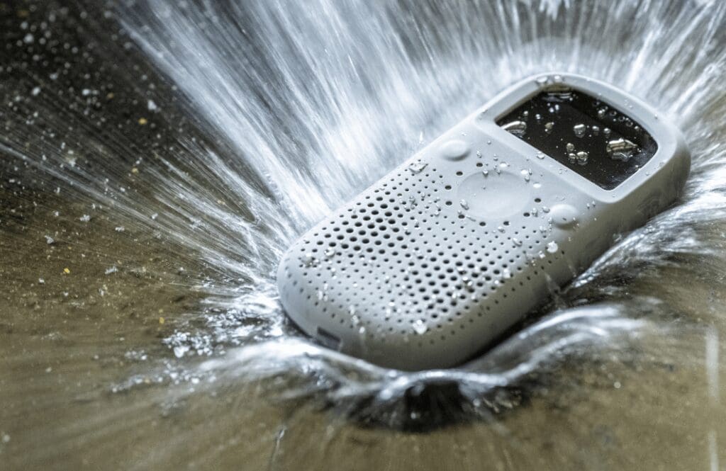 Relay communication device being splashed with water, highlighting its durability and water resistance in rugged environments.