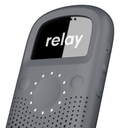 Angled close-up of a RelayX device showing its screen, LED interface, and side buttons, highlighting sleek design and intuitive controls.