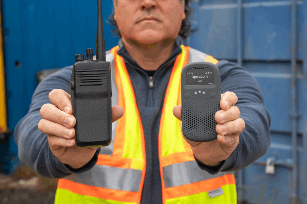 Man in yellow work vest holding up relay radio next to walkie talkie with range obstacles