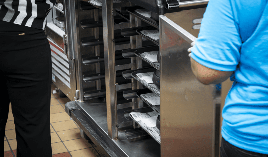 A food service trolley with meals in it.