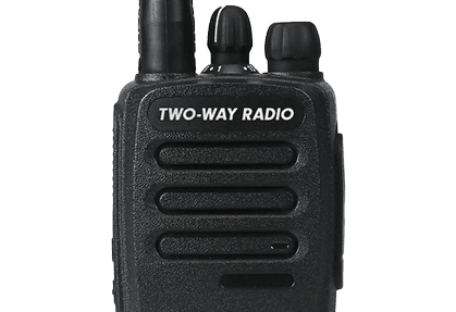 Front view of a traditional black two-way radio with an antenna, knobs, and labeled speaker grille.