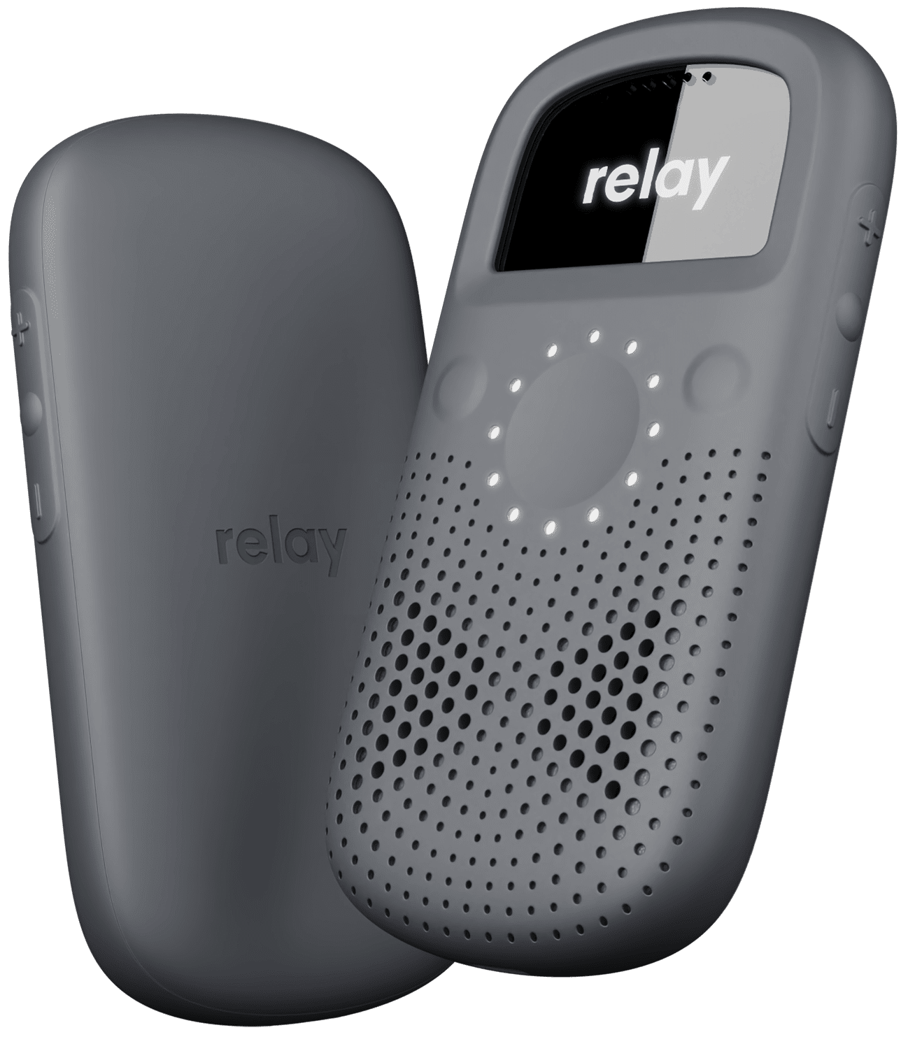 Front and back view of RelayX communication device with a circular LED interface, screen display, and side buttons.