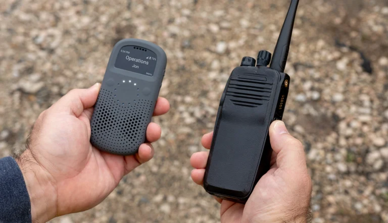 Person holding a RelayX device in one hand and a traditional two-way radio in the other, showcasing the difference in design and technology.