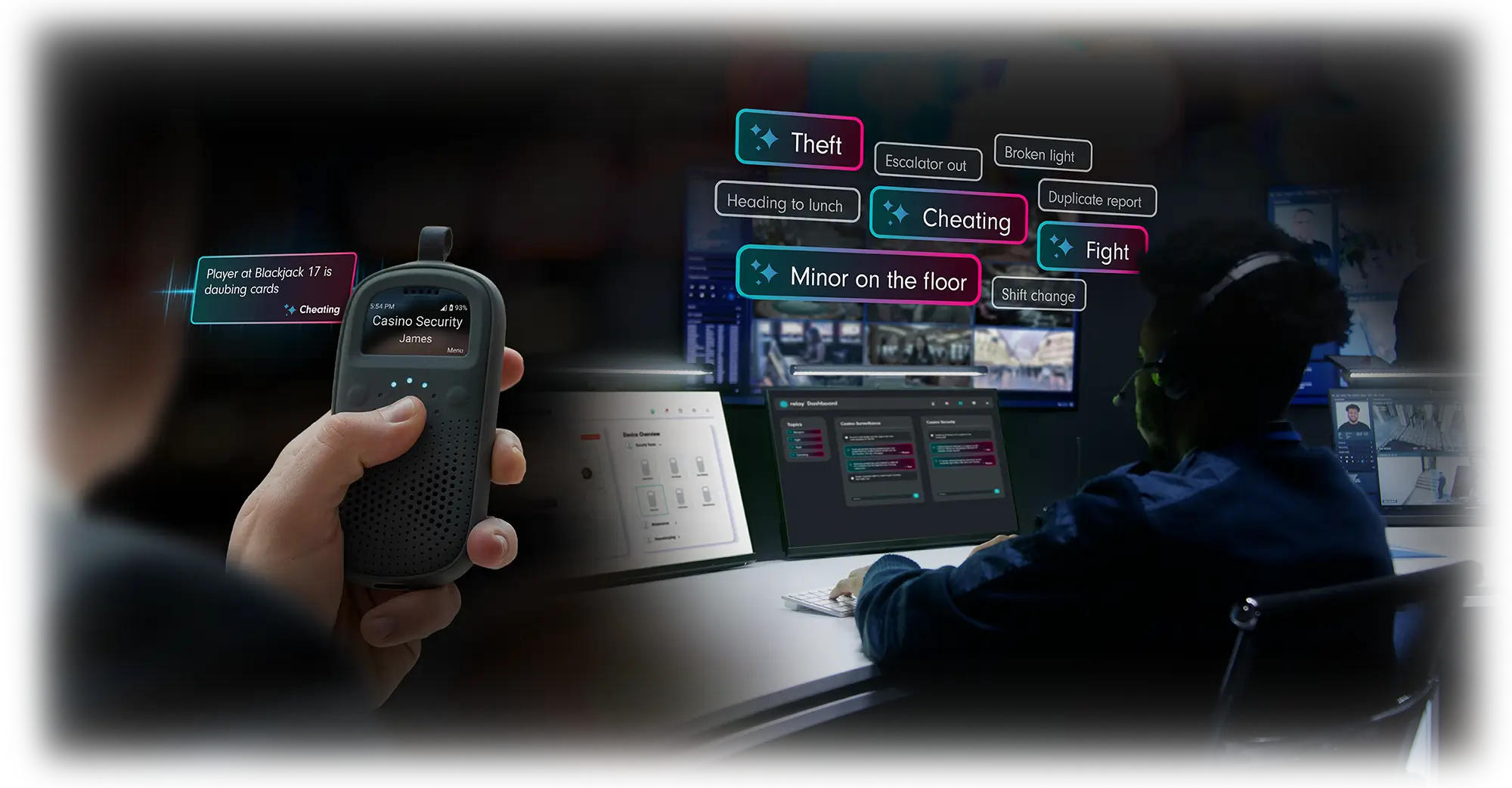 A casino security officer monitors multiple surveillance screens while holding a Relay device displaying an alert about a player cheating. The Relay dashboard on nearby monitors highlights real-time alerts for incidents like theft, fights, and minors on the floor, representing intelligent keyword detection and team coordination.