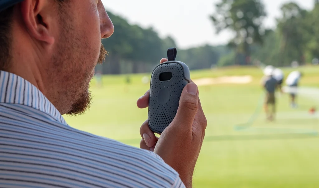 Golf course worker holding a Relay device near his face for communication, with players visible in the background.
