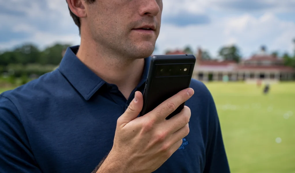 Golf staff member using Relay device with smartphone-style design for real-time location tracking on the course