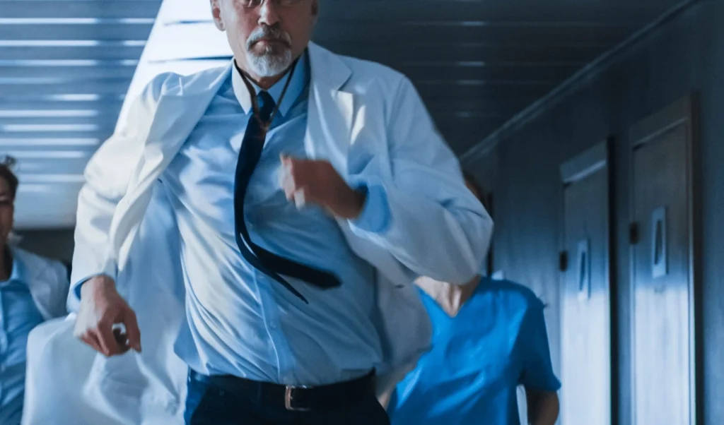 Male doctor in a white coat running urgently down a hospital hallway with medical staff following behind.