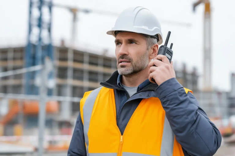 Man holding traditional two way radio with squelch issues at a construction site