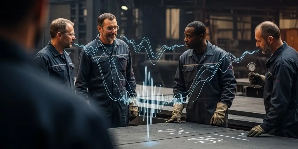 Group of industrial men in blue jump suits communicating with human signal being captured