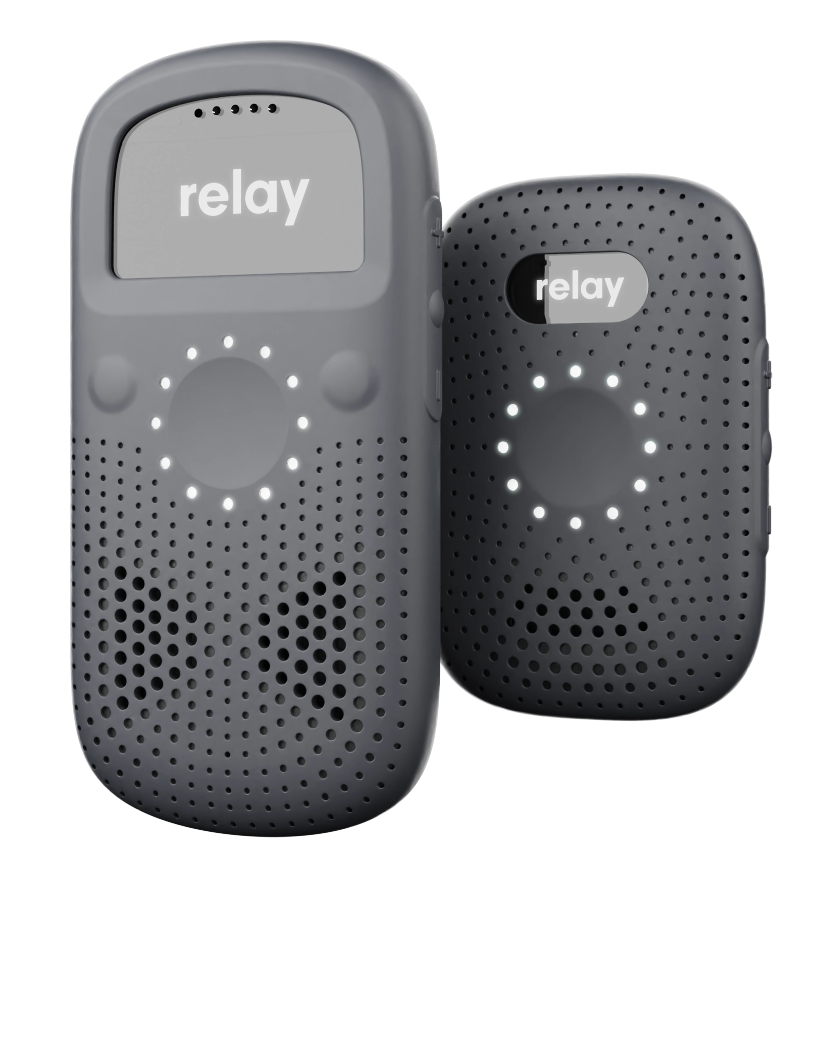 Two Relay communication devices, RelayX (left) and RelayM (right), in dark gray with LED indicator lights and perforated speaker designs, shown on a white background.