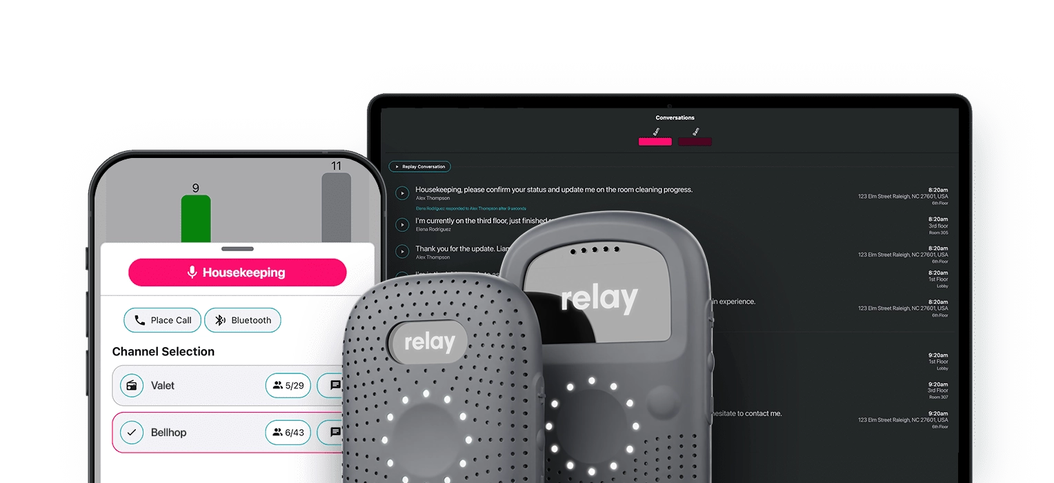 Close-up of Relay communication devices with smartphone and tablet interface, displaying team channel selection and message history for hotel staff coordination.